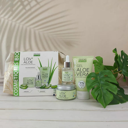 TROUSSE LOV'ALOE - 3 SOINS BIO A L'ALOE VERA - CREME VISAGE, GEL BIO D'ALOE VERA ET SERUM - FABRIQUE EN FRANCE - CADEAU NOEL - COFFRET COSMETIQUE