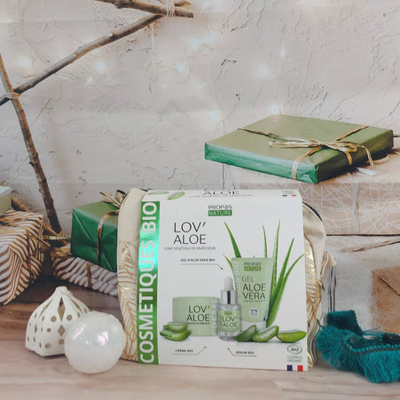 TROUSSE LOV'ALOE - 3 SOINS BIO A L'ALOE VERA - CREME VISAGE, GEL BIO D'ALOE VERA ET SERUM - FABRIQUE EN FRANCE - CADEAU NOEL - COFFRET COSMETIQUE