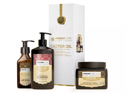ARGANICARE | Shampoing + Masque + Sérum Ricin | Accélérateur de Croissance | Apaise le cuir Chevelu | Nourrit et Renforce le cuir Chevelu | Cheveux Fort et Brillant | 400ML + 500ML + 100ML