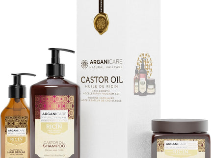 ARGANICARE | Shampoing + Masque + Sérum Ricin | Accélérateur de Croissance | Apaise le cuir Chevelu | Nourrit et Renforce le cuir Chevelu | Cheveux Fort et Brillant | 400ML + 500ML + 100ML