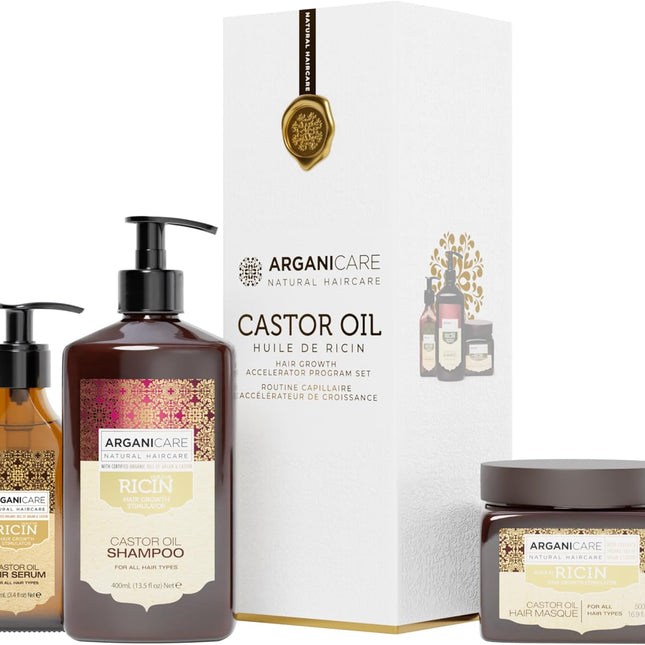ARGANICARE | Shampoing + Masque + Sérum Ricin | Accélérateur de Croissance | Apaise le cuir Chevelu | Nourrit et Renforce le cuir Chevelu | Cheveux Fort et Brillant | 400ML + 500ML + 100ML