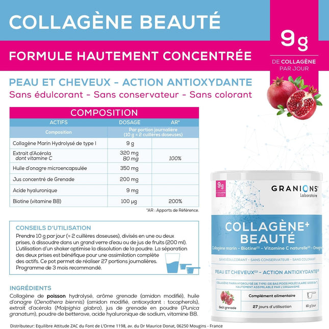 GRANIONS COLLAGENE + BEAUTE Peau et Cheveux - Poudre Parfum Grenade 275g