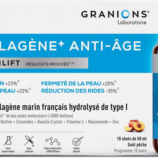 GRANIONS COLLAGENE + ANTI-ÂGE Sublimlift Goût Pêche - 10 Shots